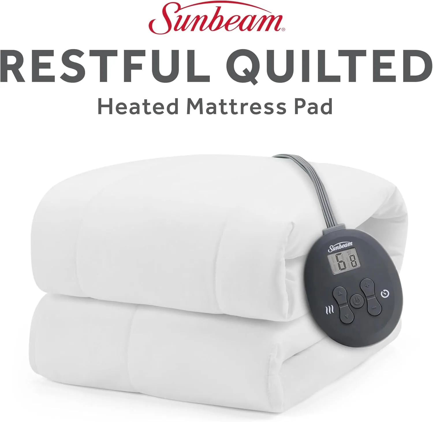 Sunbeam Electric Restful Quilted Heated Mattress Pad, 12 Heat Settings, 12-Hour Selectable Auto Shut-Off, Fast Heating, Warming Bed, Soft Extra-Cozy Fabric, Twin, 39" x 75"