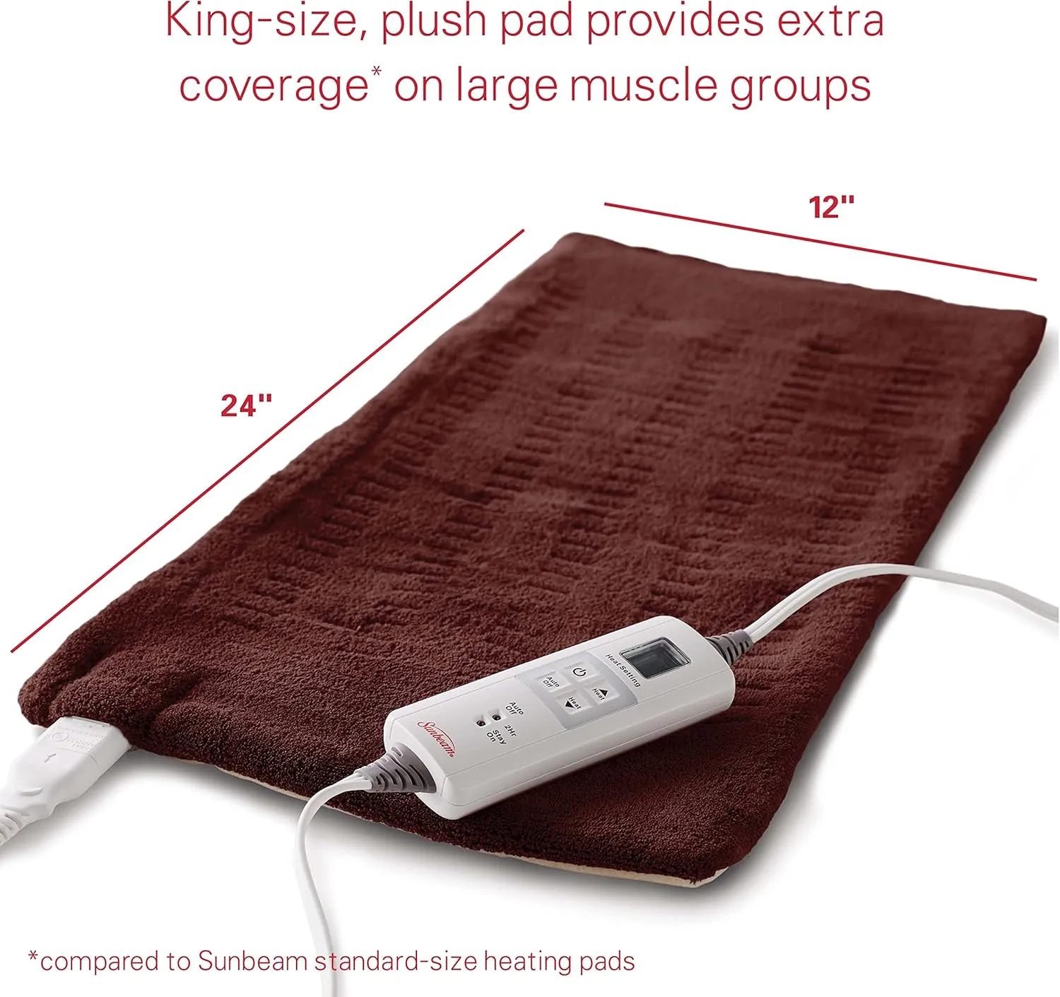 Sunbeam XL Back Neck and Shoulder Heat Therapy 12 x 24 with Auto Shut Off 6 Settings Machine-Washable Comfortable Microplush Fabric - Burgundy