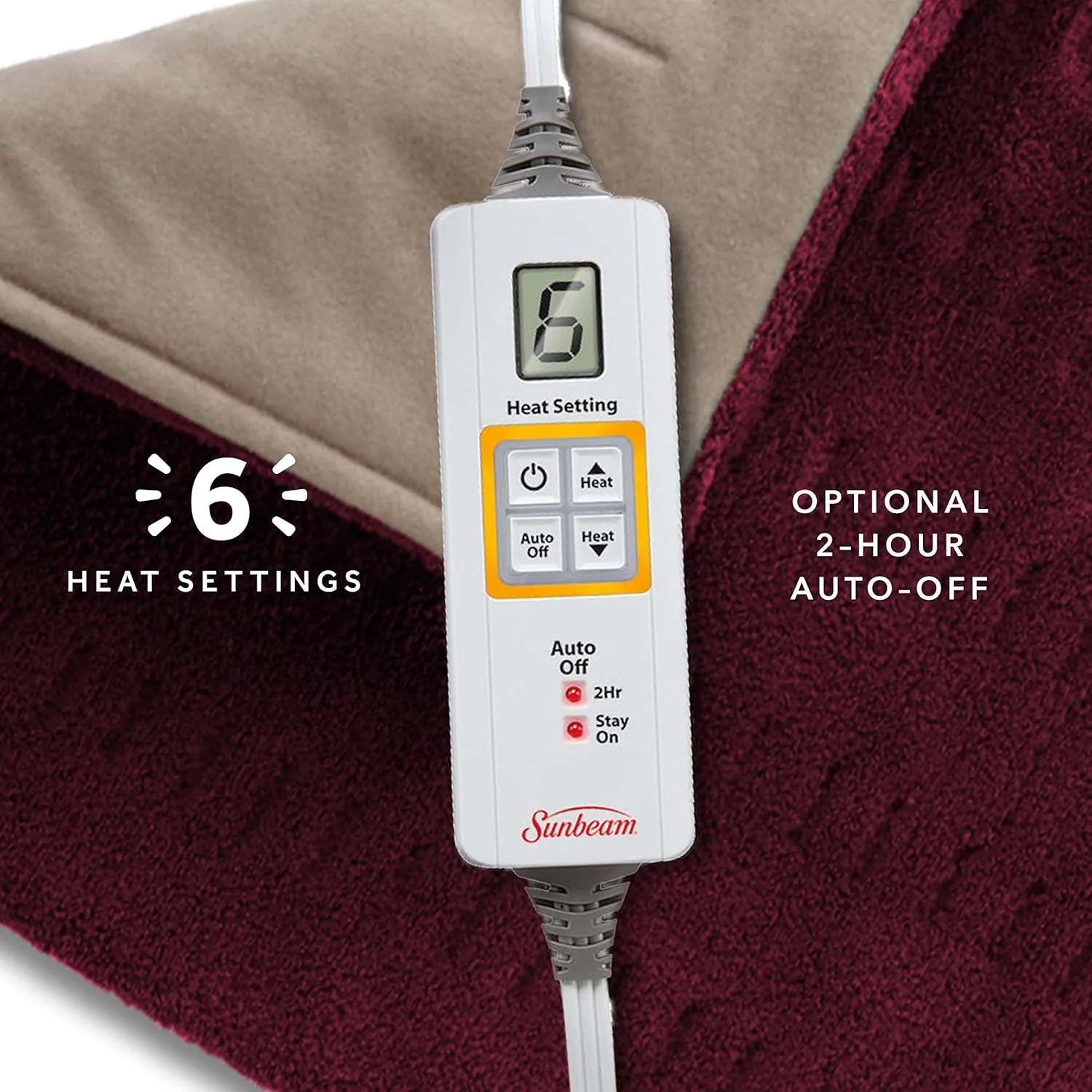 Sunbeam XL Back Neck and Shoulder Heat Therapy 12 x 24 with Auto Shut Off 6 Settings Machine-Washable Comfortable Microplush Fabric - Burgundy