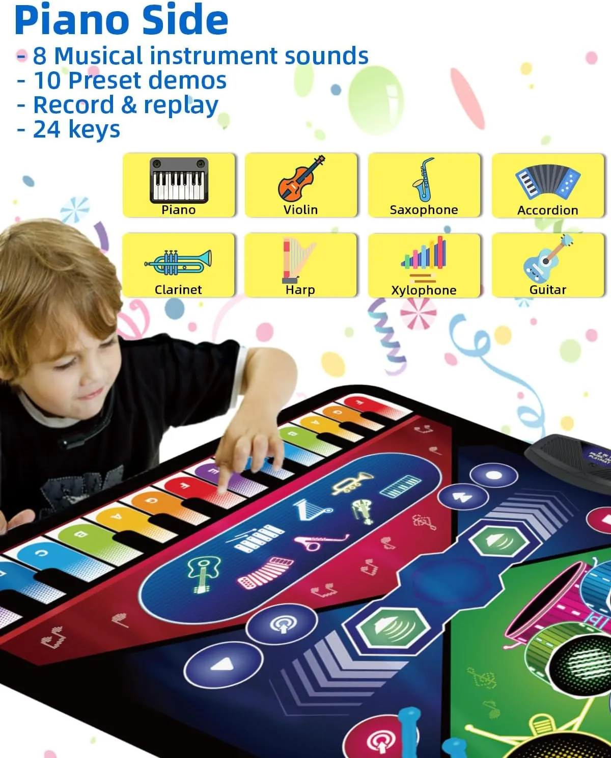 SUNLIN 2-in-1 Music Jam Mat, Music Learning Toy for Boys Girls 3-6, Drum Set   Piano Mat, Toddler Birthday Gift 3 4 5 6 Years, Record & Playback, Built-in Songs, 8 Instrument Sounds, Volume Control