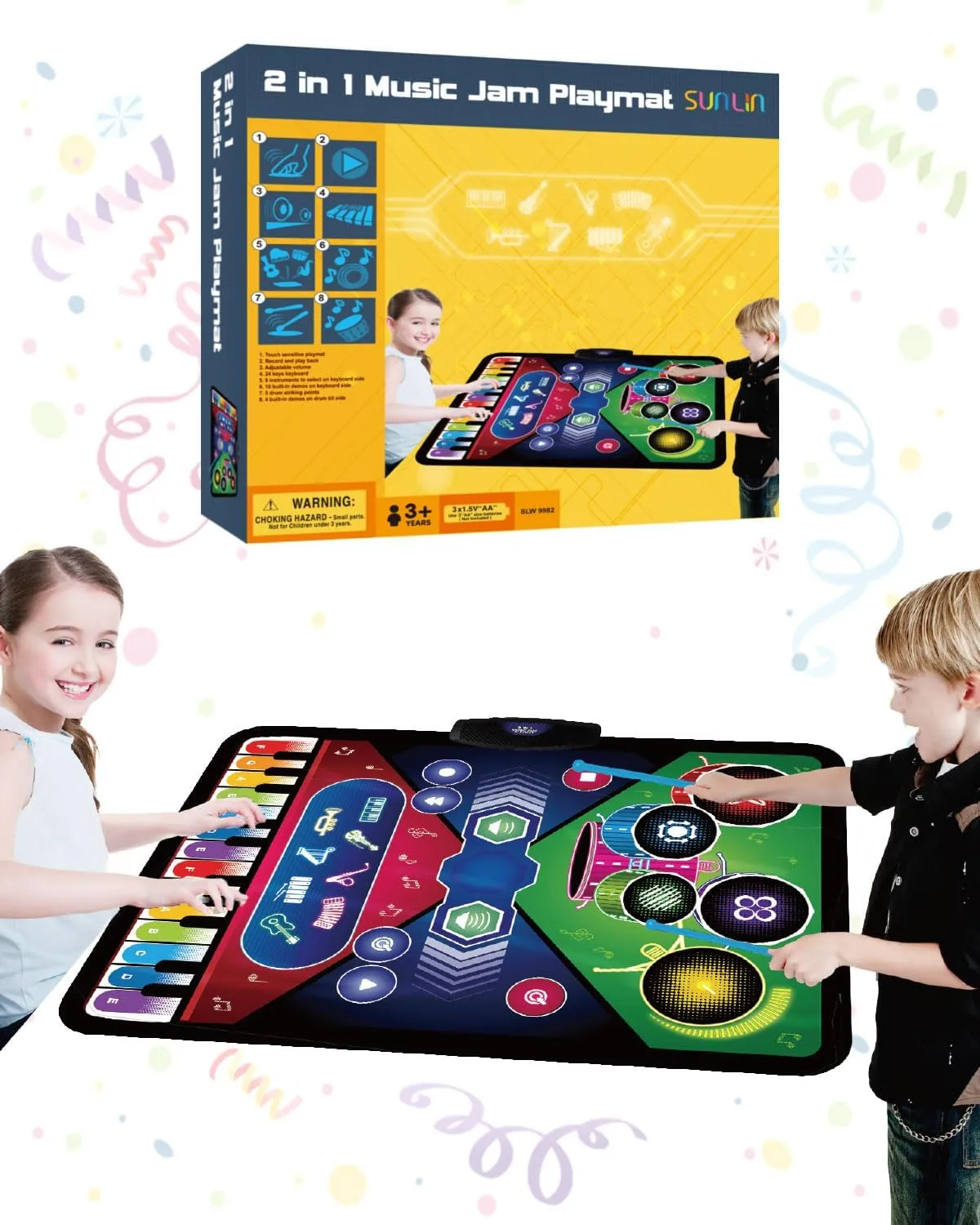 SUNLIN 2-in-1 Music Jam Mat, Music Learning Toy for Boys Girls 3-6, Drum Set   Piano Mat, Toddler Birthday Gift 3 4 5 6 Years, Record & Playback, Built-in Songs, 8 Instrument Sounds, Volume Control
