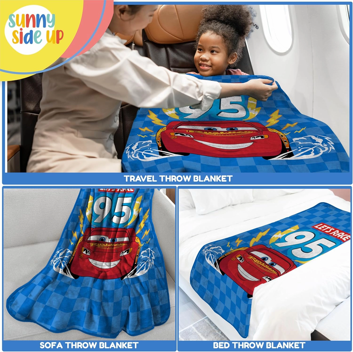 Sunny Side Up Disney Pixar Cars Plush Travel Throw Blanket - Measures 40 x 50 Inches - Super Soft & Cozy Travel Accessories Features Lightning McQueen