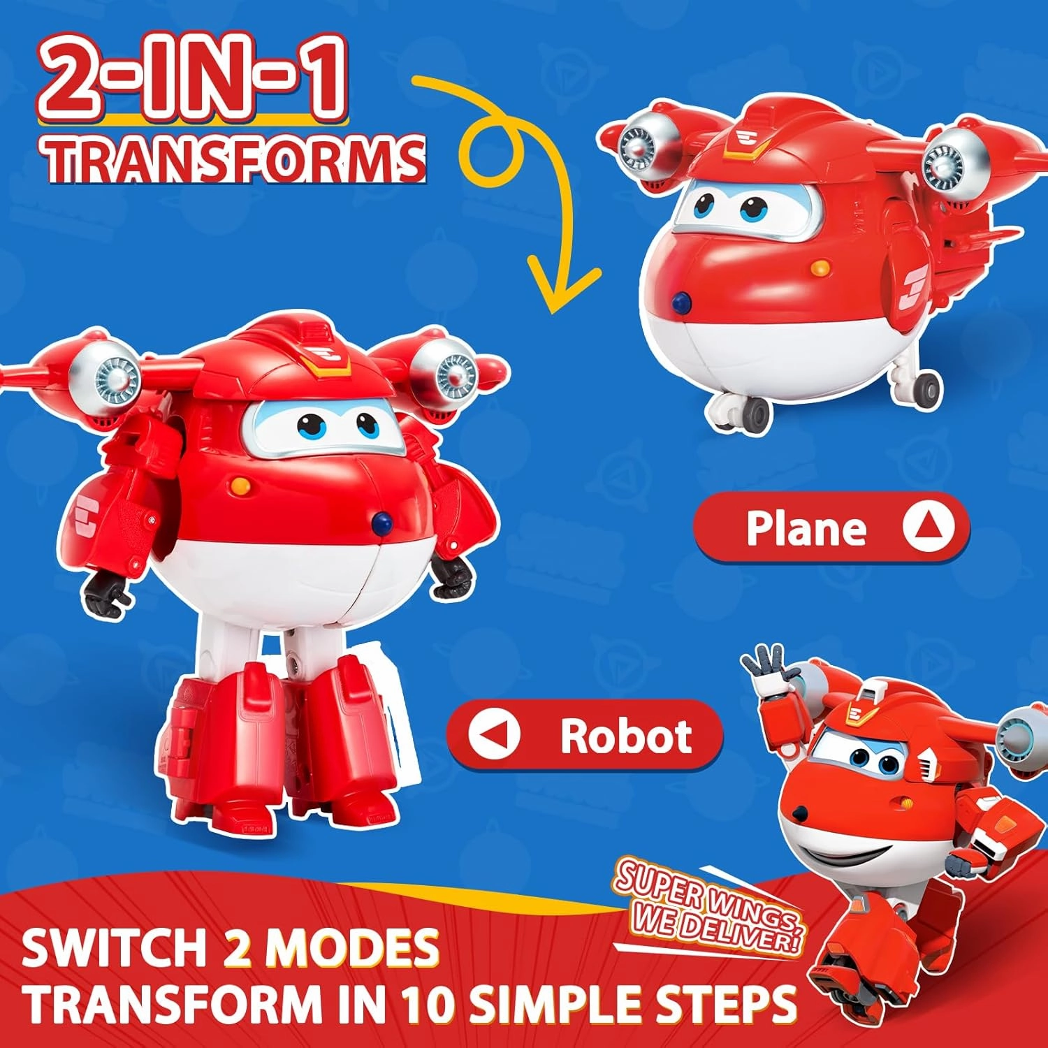 Super Wings Transformable Toys 5" Action Figure Supercharged Tobot Jett, 2 in 1 Rescue Bots Transforming Airplane Robot Toys, Educational Toy for Boys and Girls Age 3 , Gifts for Preschool Kids, Jett