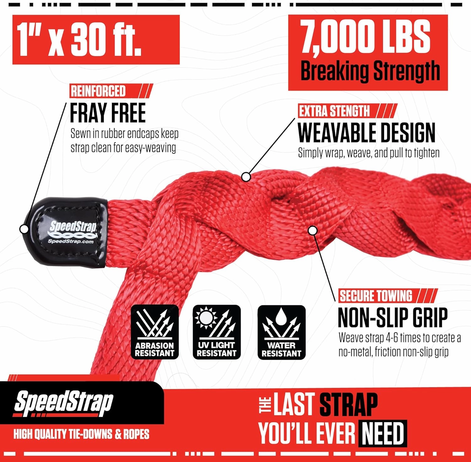 SuperStrap Weavable Recovery Tow Strap 1" x 30' - Heavy Duty 7,000 lb Break Strength, Emergency Towing Rope for Offroad 4x4, Car, SUV, ATV, Boat