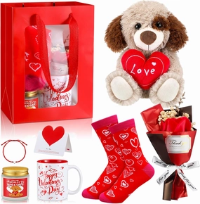 Syhood 8 Pcs Valentine Bear Dog Plush Stuffed Animals Gift Set Love Dog Stuffed Animal Roses Bouquet Coffee Mug Heart Crew Socks Candles Card Gift Bag for Wife