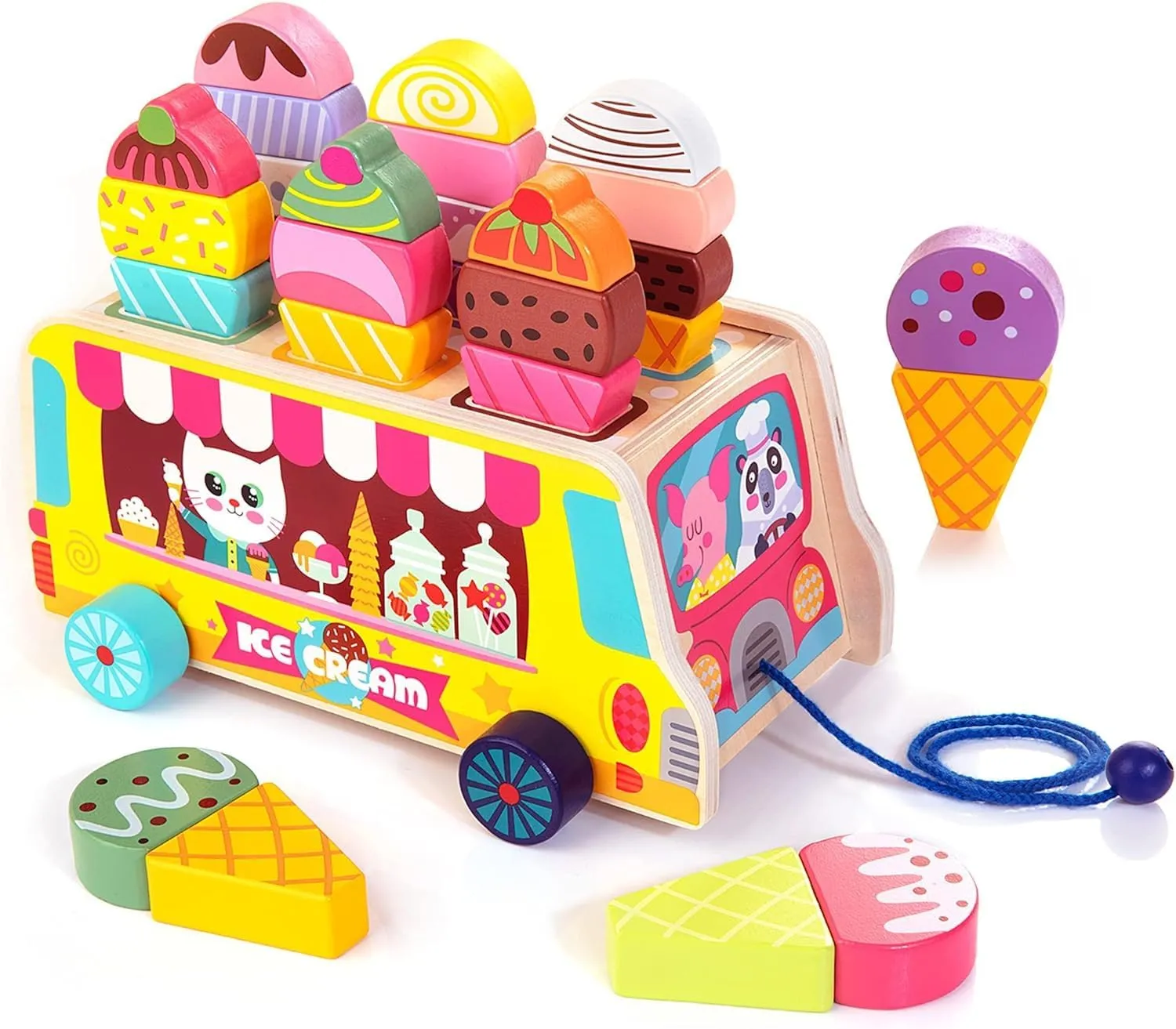 Tamy&Zee Wooden Ice Cream Truck, 27 pcs Magnetic Ice Cream Pretend Play Food & Accessories, Montessori Sorting & Stacking Toys for Toddler Girls & Boys Age 3 …