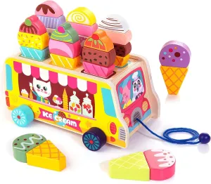 Tamy&Zee Wooden Ice Cream Truck, 27 pcs Magnetic Ice Cream Pretend Play Food & Accessories, Montessori Sorting & Stacking Toys for Toddler Girls & Boys Age 3 …