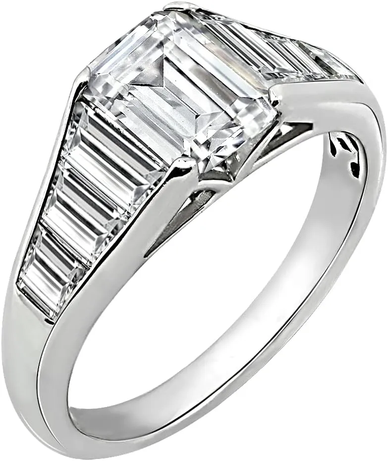 Tapered Baguette & Emerald Cut Ring 925 Sterling Silver Single Prong Set Engagement Ring Band | 4.00 Carats Cubic Zirconia CZ Simulated Diamond