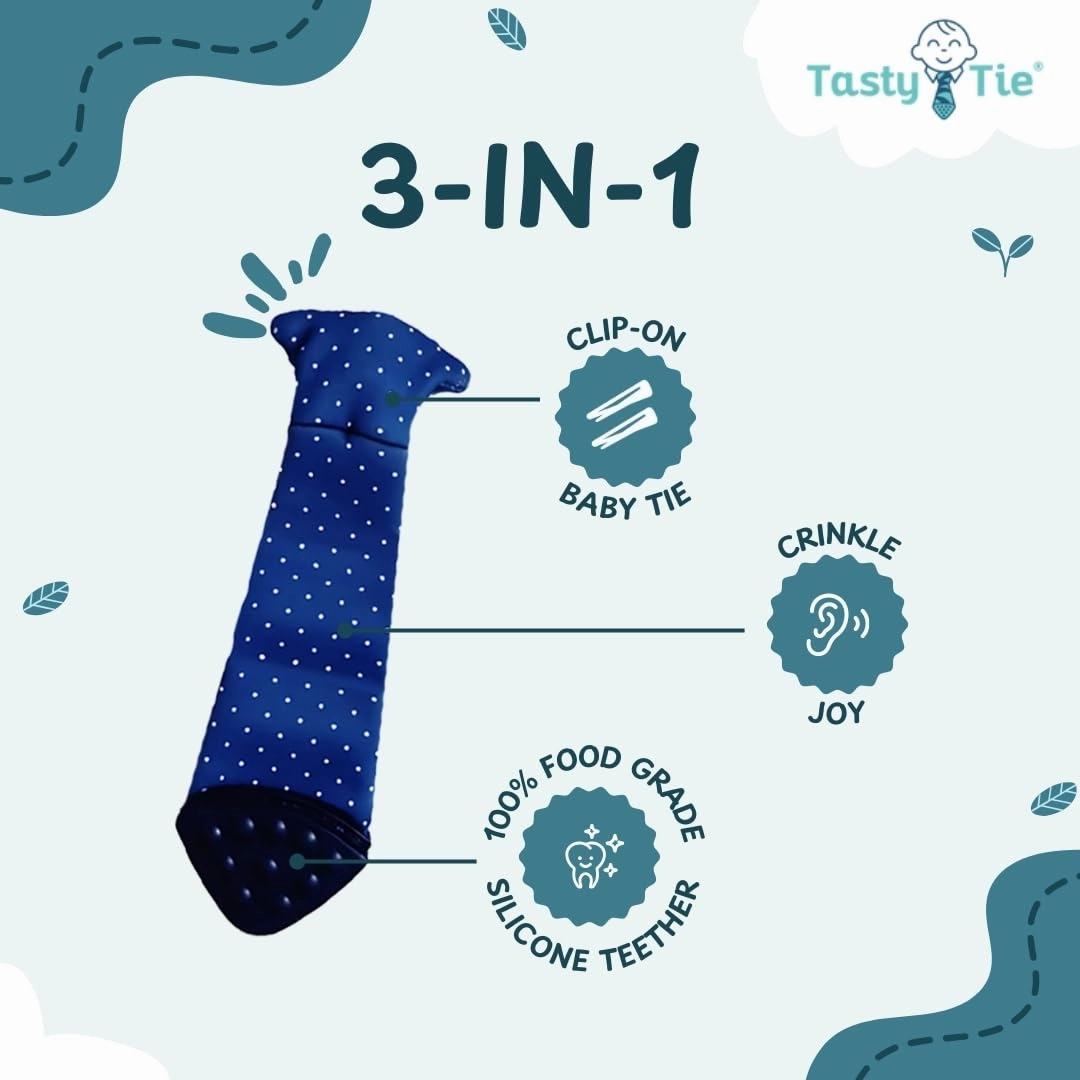Tasty Tie Teething Tie, 3-in-1 Clip-on Baby Tie Crinkle Toy & Silicone Teether for 3-6-9-12-18 Month Babies | GOTS Certified Organic Cotton | Unique Baby Boy Gift or Stocking Stuffer, Polka Dot Style