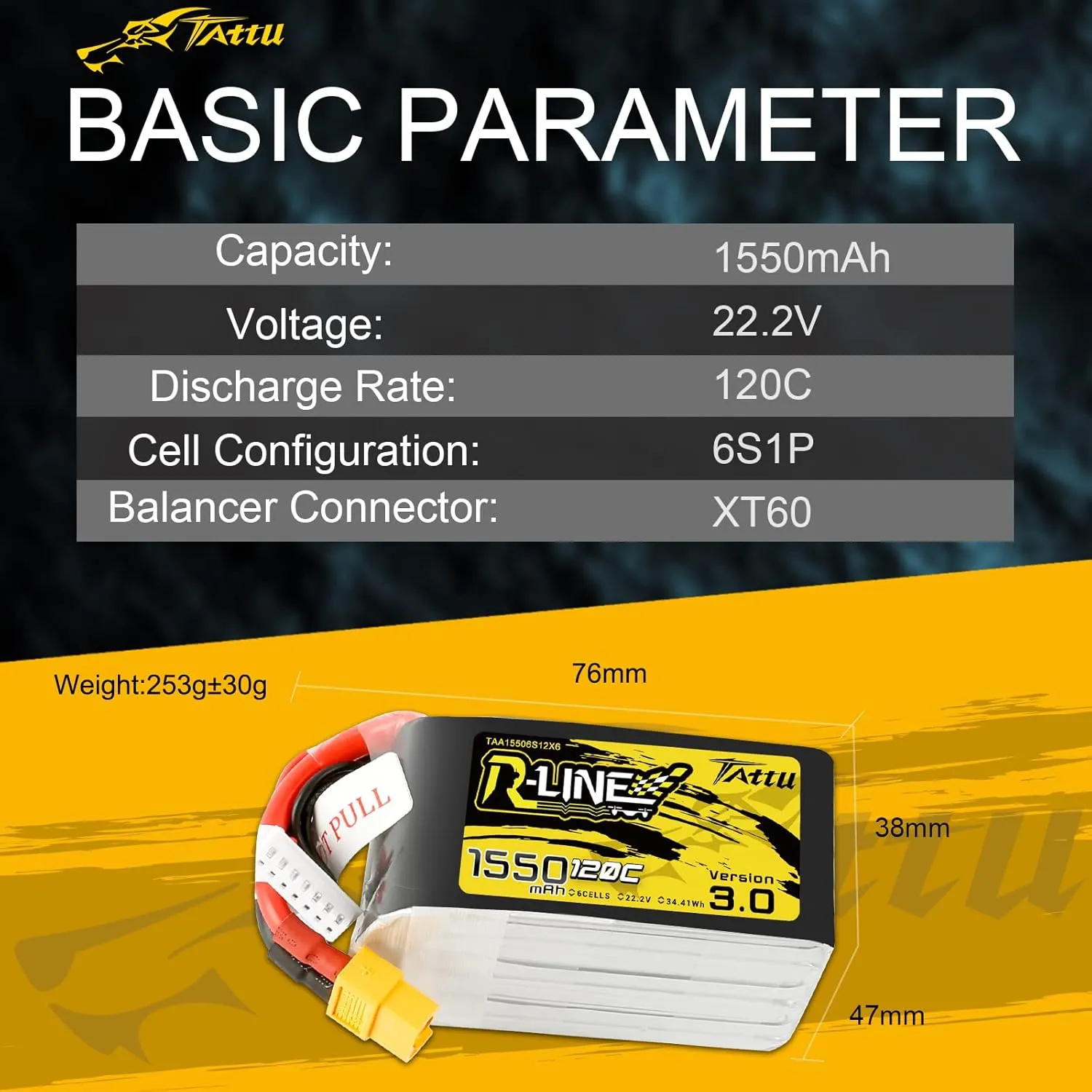TATTU R-Line Version 3.0 6s Lipo Battery 1550mAh 22.2V 120C Lipo Battery with XT60 Plug forFPV Drone Helicopter RC Racing Quadcopter Airplane UAV RC Plane