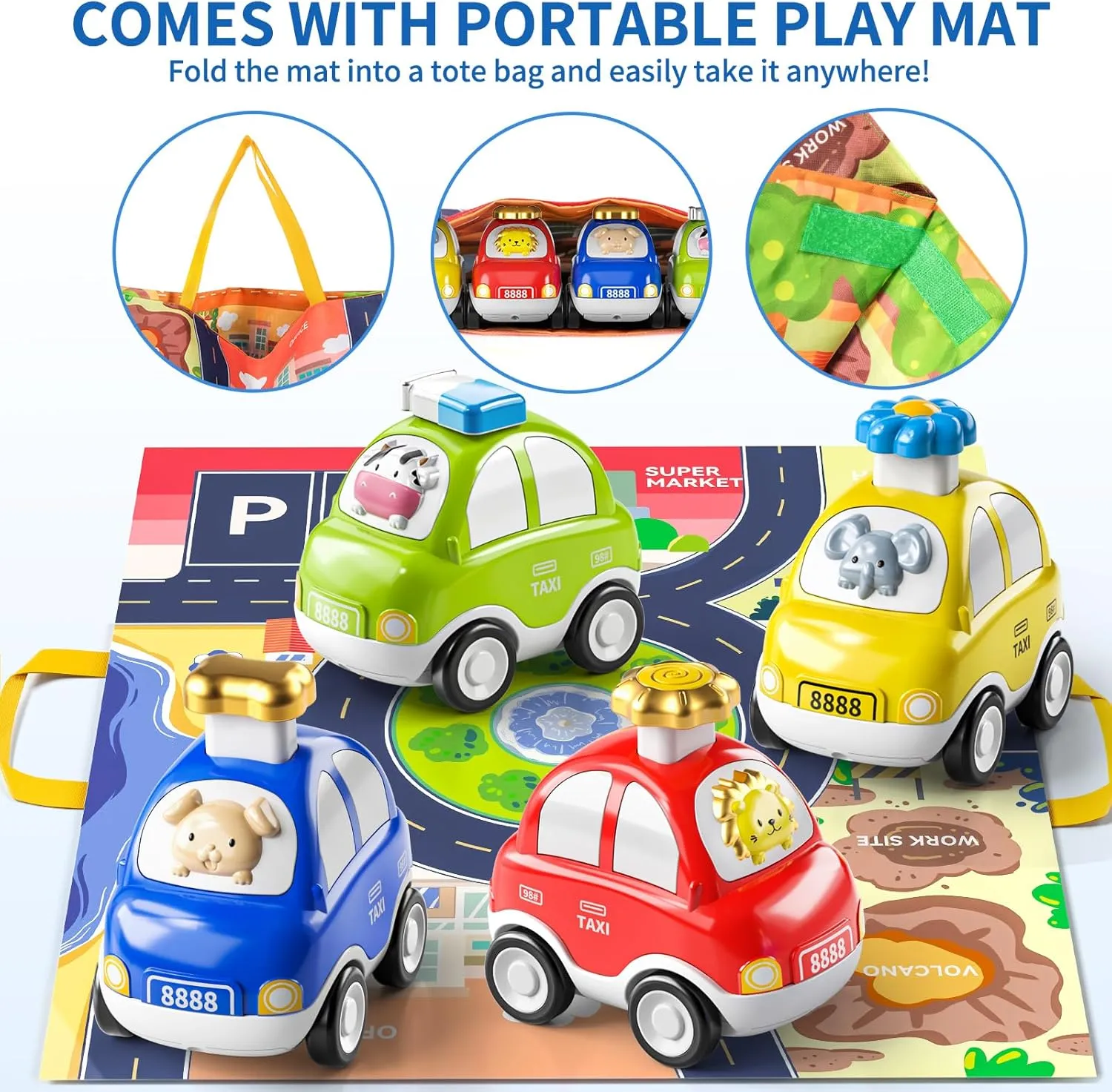 TEMI 4PCS Inertia Animal Car Toys with Play Mat/Storage Bag for Toddlers Toy Age 1-3, Baby Toys 1 2 3 Years Old Boys Birthday Newborn Gifts