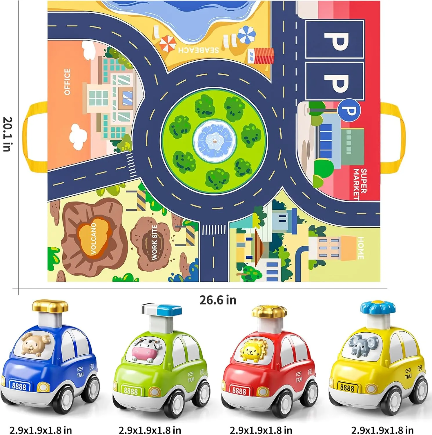 TEMI 4PCS Inertia Animal Car Toys with Play Mat/Storage Bag for Toddlers Toy Age 1-3, Baby Toys 1 2 3 Years Old Boys Birthday Newborn Gifts