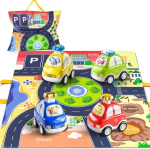 TEMI 4PCS Inertia Animal Car Toys with Play Mat/Storage Bag for Toddlers Toy Age 1-3, Baby Toys 1 2 3 Years Old Boys Birthday Newborn Gifts