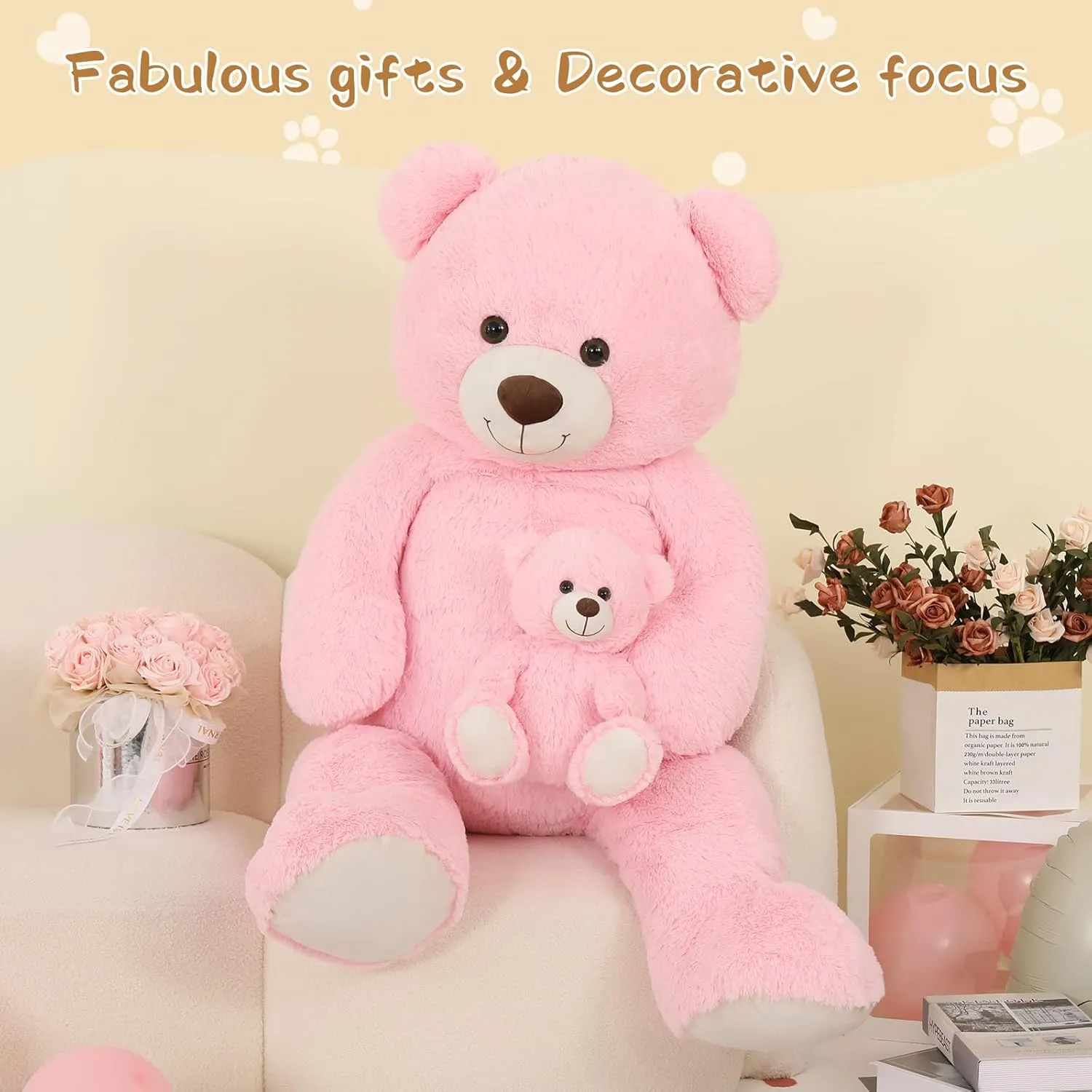 Tezituor Giant Stuffed Animal 51in, Large Teddy Bear Mommy with Baby, Big Teddy Bear for Kids, Girlfriend on Mother's Day, Valentine, Christmas, Baby Shower, Birthday, Pink
