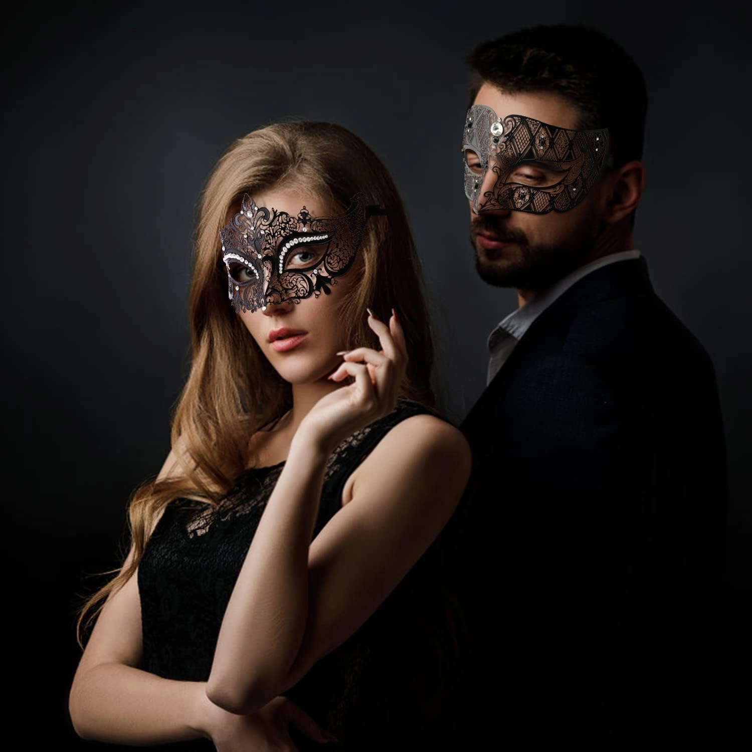 Thmyo Couples Venetian Laser Cut Masquerade Mask,Halloween Mardi Gras Party Mask (Black & black)