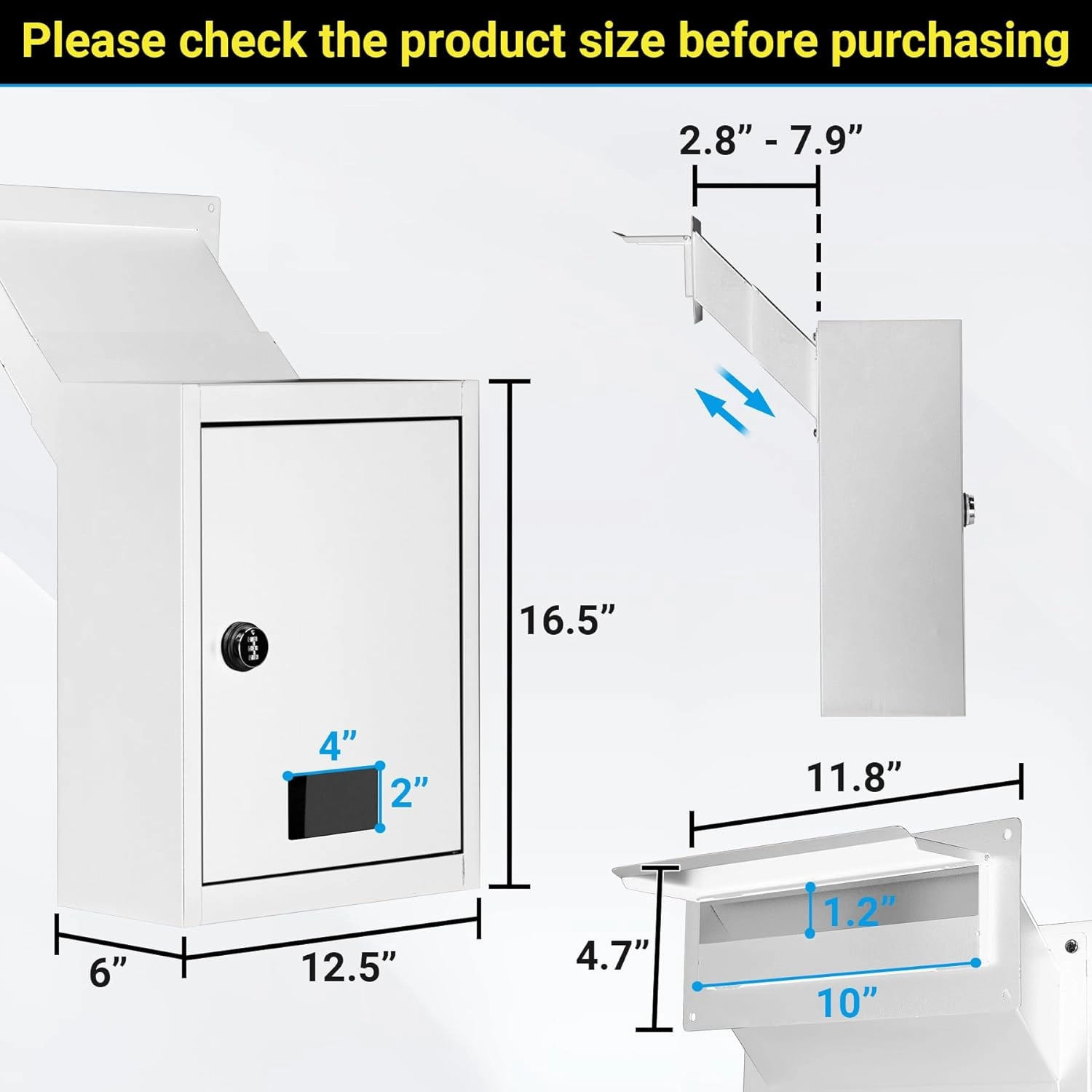 Through The Wall Drop Box with Combination Lock, 16.5" x 12.5" x 6" Adjustable Chute Deposit Safe Mail Box, Rainproof Mail Slots Walls Thickness 2.8” to 7.9” for Home Office Apartment
