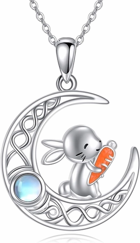 TIGER RIDER Bunny Necklace for Women Sterling Silver Crescent Moon Bunny Pendant Necklace Rabbit Jewelry Mothers Day Birthday Gifts for Mom Wife