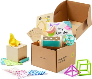 Tiny Land Montessori Baby Toy Set 4-6 Months – Early Learning Motor Skills Development Kit with 4-in-1 Soft Cloth Book, Spinning Rainbow Toy, Silicone Blocks, and Interactive Magic Tissue Box