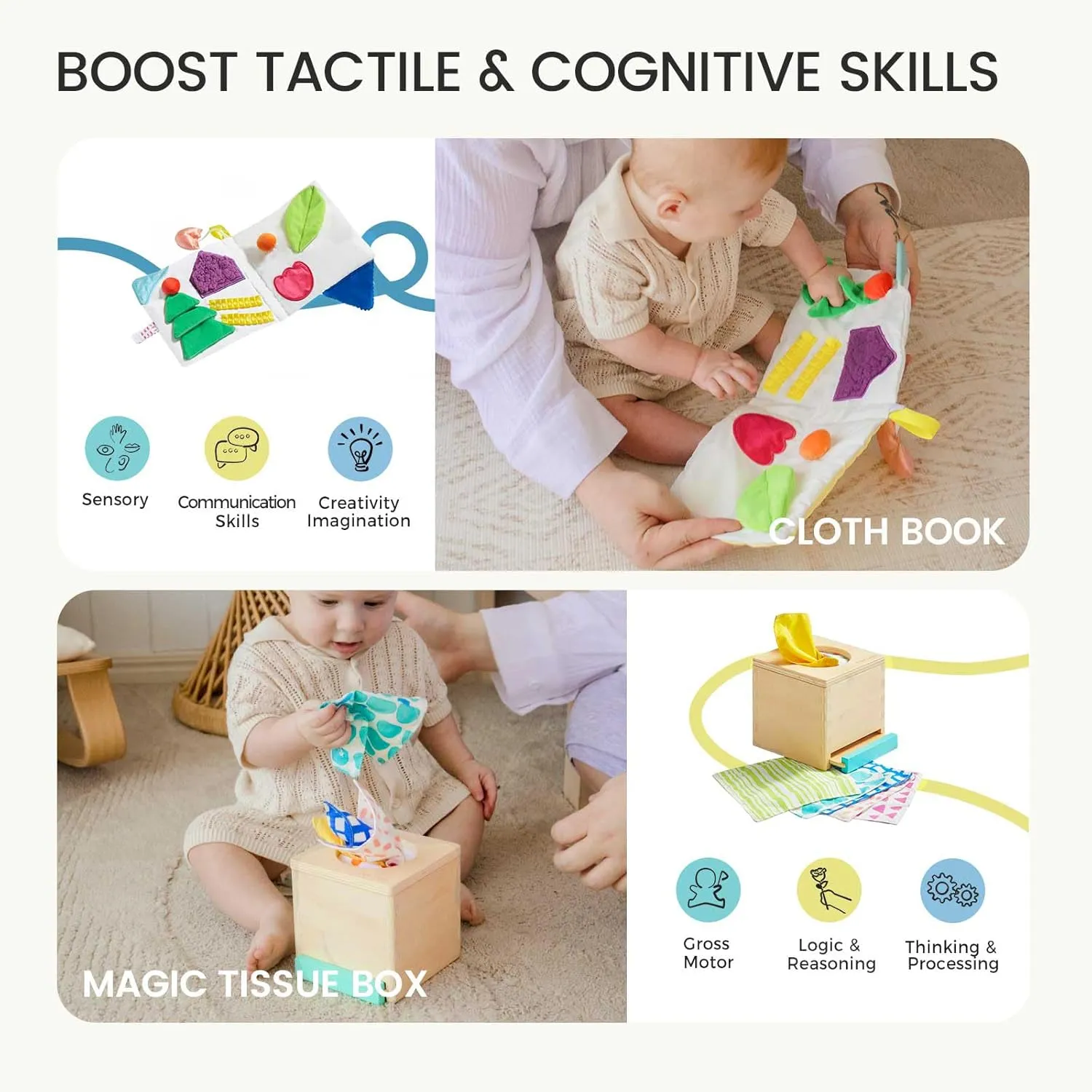 Tiny Land Montessori Baby Toy Set 4-6 Months – Early Learning Motor Skills Development Kit with 4-in-1 Soft Cloth Book, Spinning Rainbow Toy, Silicone Blocks, and Interactive Magic Tissue Box