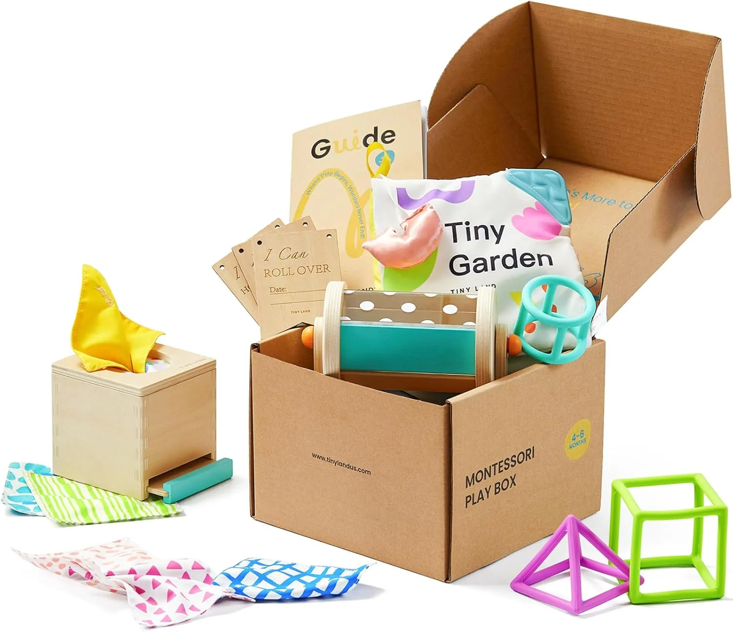 Tiny Land Montessori Baby Toy Set 4-6 Months – Early Learning Motor Skills Development Kit with 4-in-1 Soft Cloth Book, Spinning Rainbow Toy, Silicone Blocks, and Interactive Magic Tissue Box