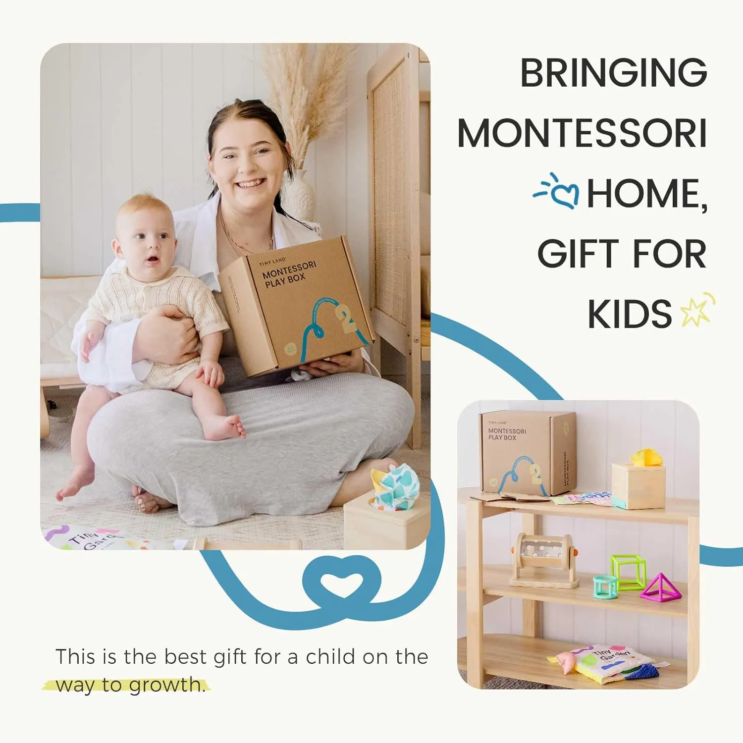 Tiny Land Montessori Baby Toy Set 4-6 Months – Early Learning Motor Skills Development Kit with 4-in-1 Soft Cloth Book, Spinning Rainbow Toy, Silicone Blocks, and Interactive Magic Tissue Box