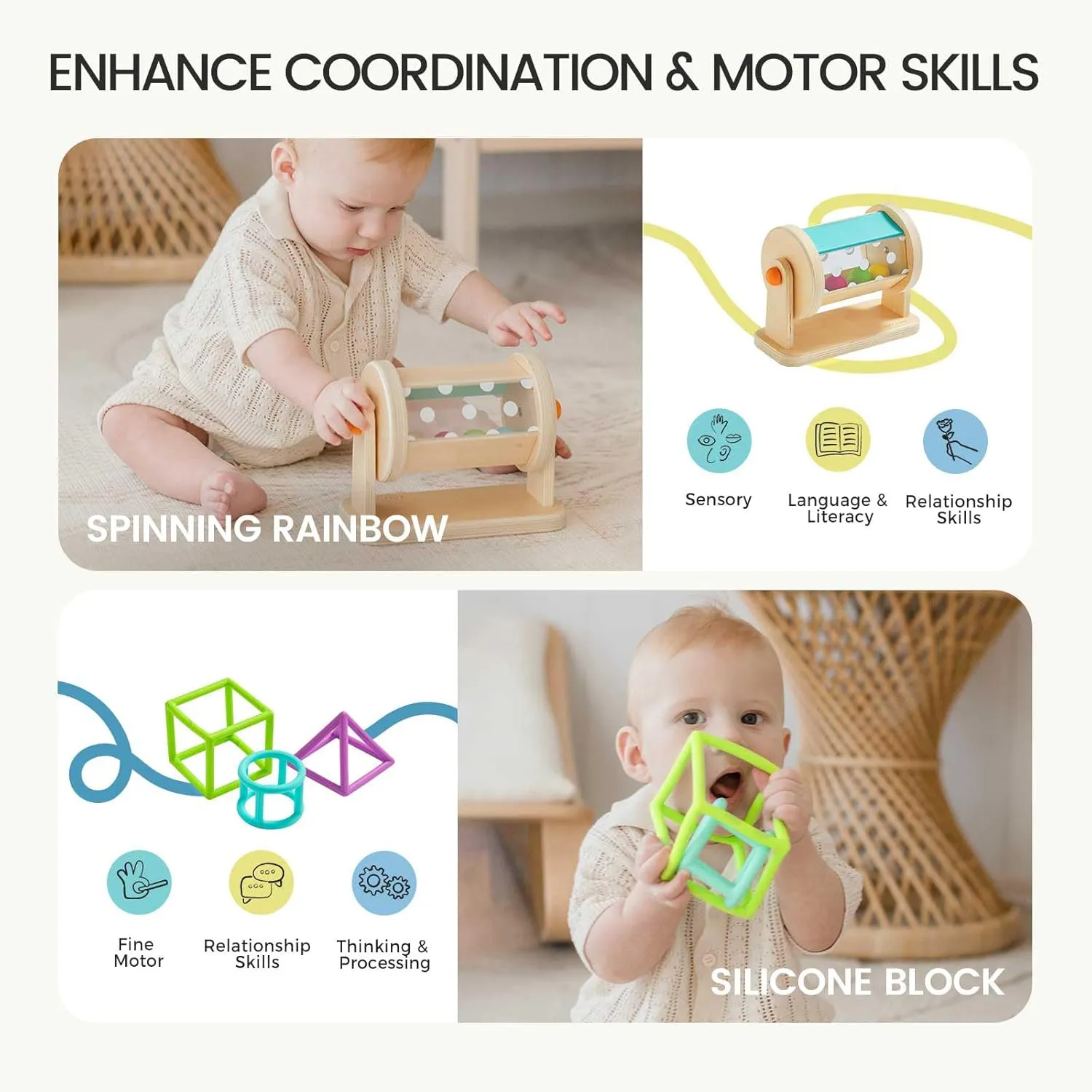 Tiny Land Montessori Baby Toy Set 4-6 Months – Early Learning Motor Skills Development Kit with 4-in-1 Soft Cloth Book, Spinning Rainbow Toy, Silicone Blocks, and Interactive Magic Tissue Box