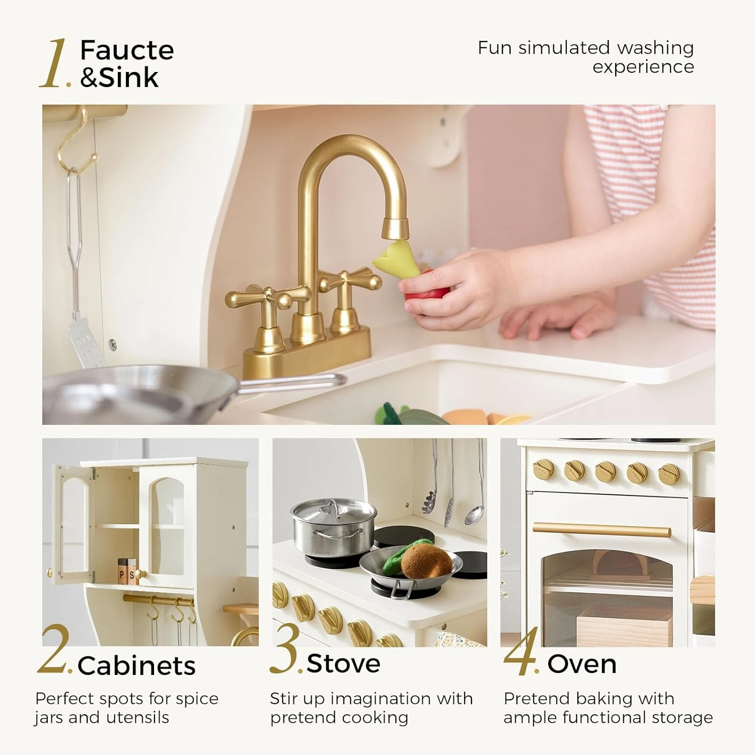 Tiny Land Play Kitchen for Kids with Storage System, Toy Kitchen Set with Plenty of Play Features Gift for Ages 3 