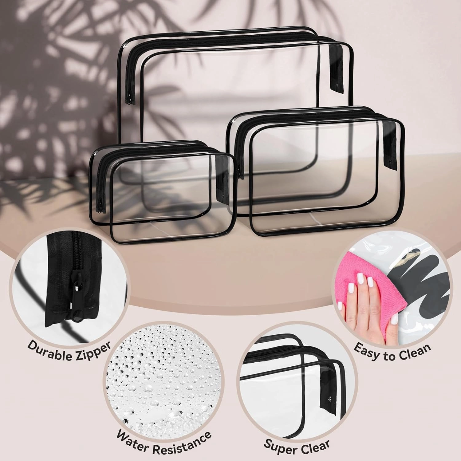 TISRATOK 16 PCS Clear Makeup Bag, Travel Essentials Toiletry Bag, Transparent PVC Cosmetic Organizer Toy Storage Pouch for Women Men - Black,Small