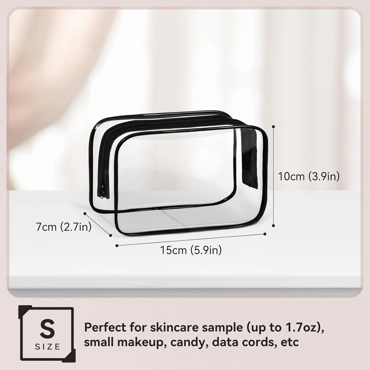 TISRATOK 16 PCS Clear Makeup Bag, Travel Essentials Toiletry Bag, Transparent PVC Cosmetic Organizer Toy Storage Pouch for Women Men - Black,Small
