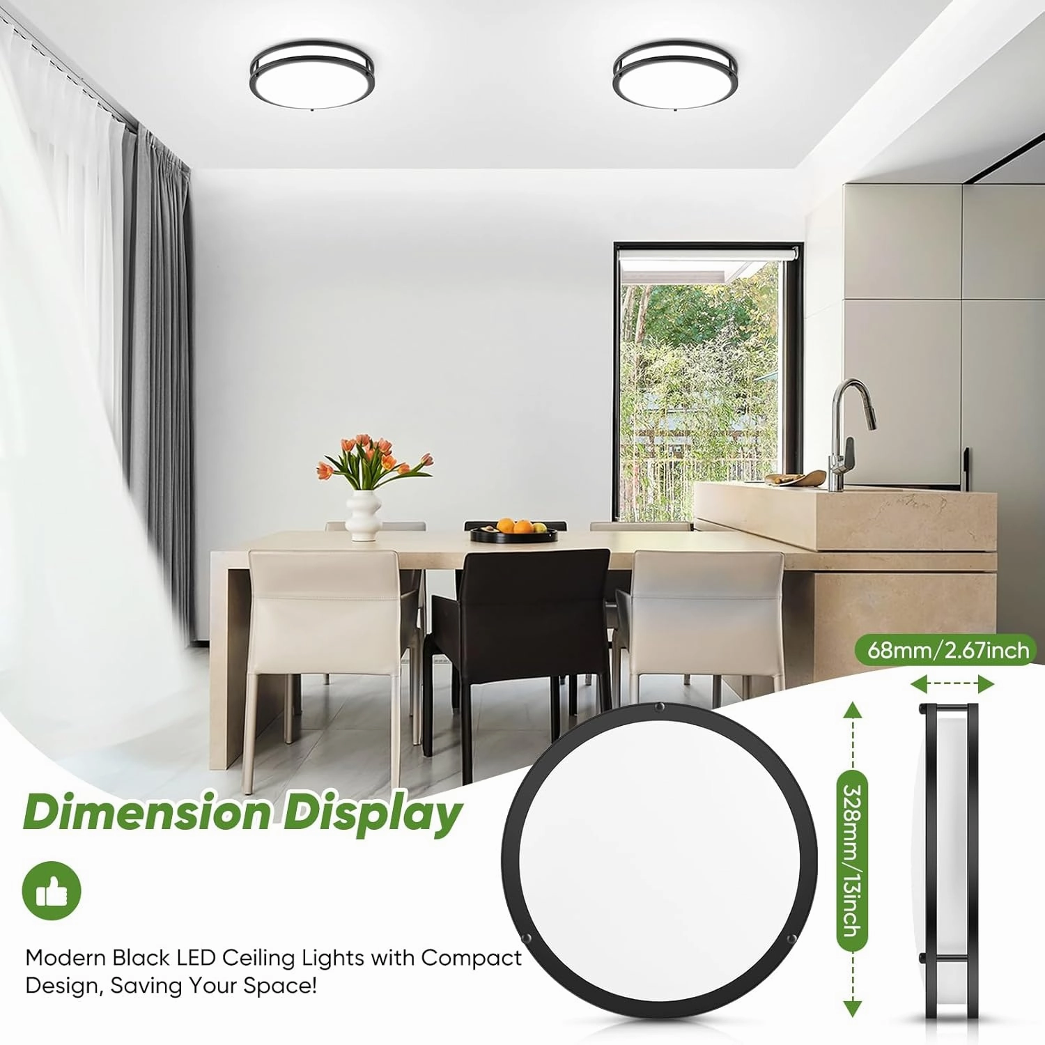 TOBUSA 36W LED Flush Mount Ceiling Light Fixture, 13inch LED Ceiling Light 3600LM, Modern Black Ceiling Light 2700K/3000K/4000K/5000K/6500K 5CCT, Dimmable Ceiling Lamp for Living Room Kitchen,1 Pack