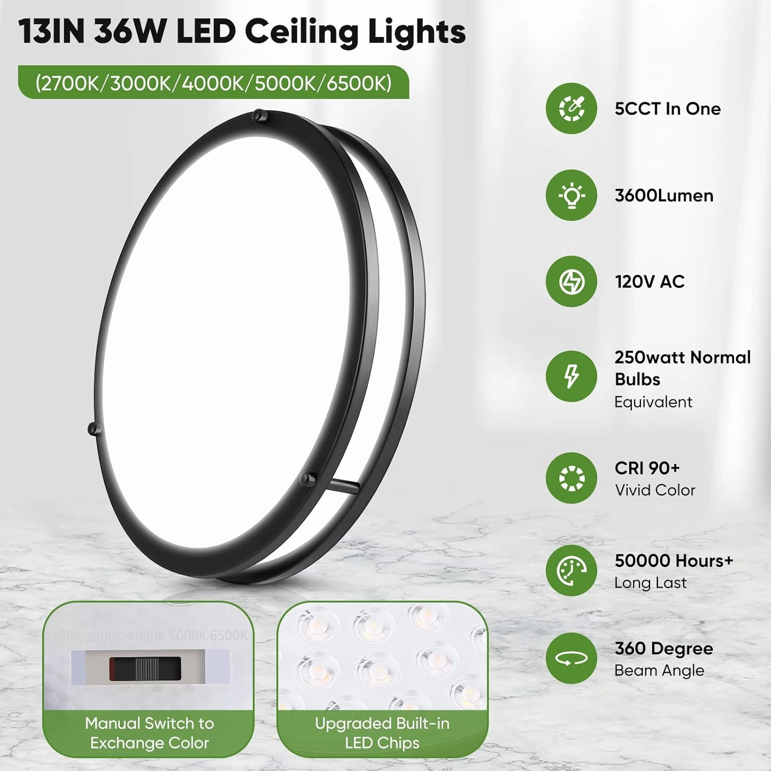 TOBUSA 36W LED Flush Mount Ceiling Light Fixture, 13inch LED Ceiling Light 3600LM, Modern Black Ceiling Light 2700K/3000K/4000K/5000K/6500K 5CCT, Dimmable Ceiling Lamp for Living Room Kitchen,1 Pack