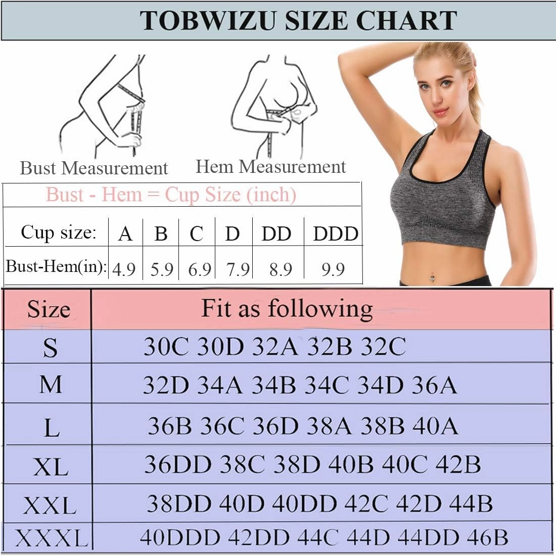 TOBWIZU Sports Bras for Women, Medium Support Yoga Gym Activewear Bras with Pocket