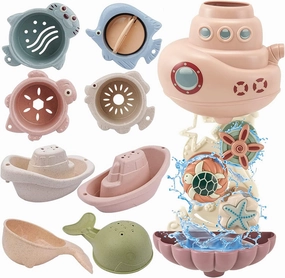 Toddler Bath Toys for Kids Ages 1-3 | 9PCS Bathtub Mold Free Bath Toy for Babies | Infants Bath tub Toys with 2 Shark Shower & 2 Toy Boats & 4 Baby Cup | Water Table Bath Toys for Babies 6-12 Months