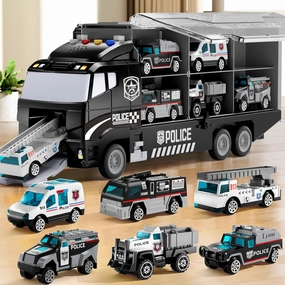 Toddler Boys Toys for 3 4 5 6 Years Old, Police Truck Vehicle Toy Set with Play Mat, Die-Cast Toy Car Carrier Truck for Kids, Birthday Gifts Toys for 3 4 5 6 7 8  Year Old Boys