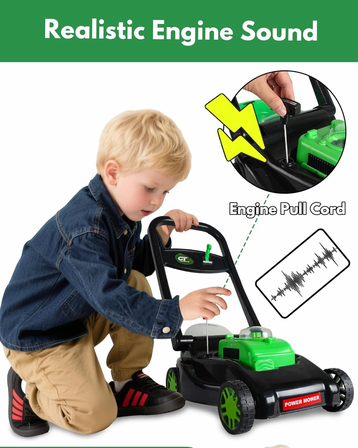 Toddler Lawn Mower with Realistic Grass-Cutting Action and Sounds–No Batteries Required | Kids Lawn Mower，Fun Outdoor Push Toy for Kids (Black)