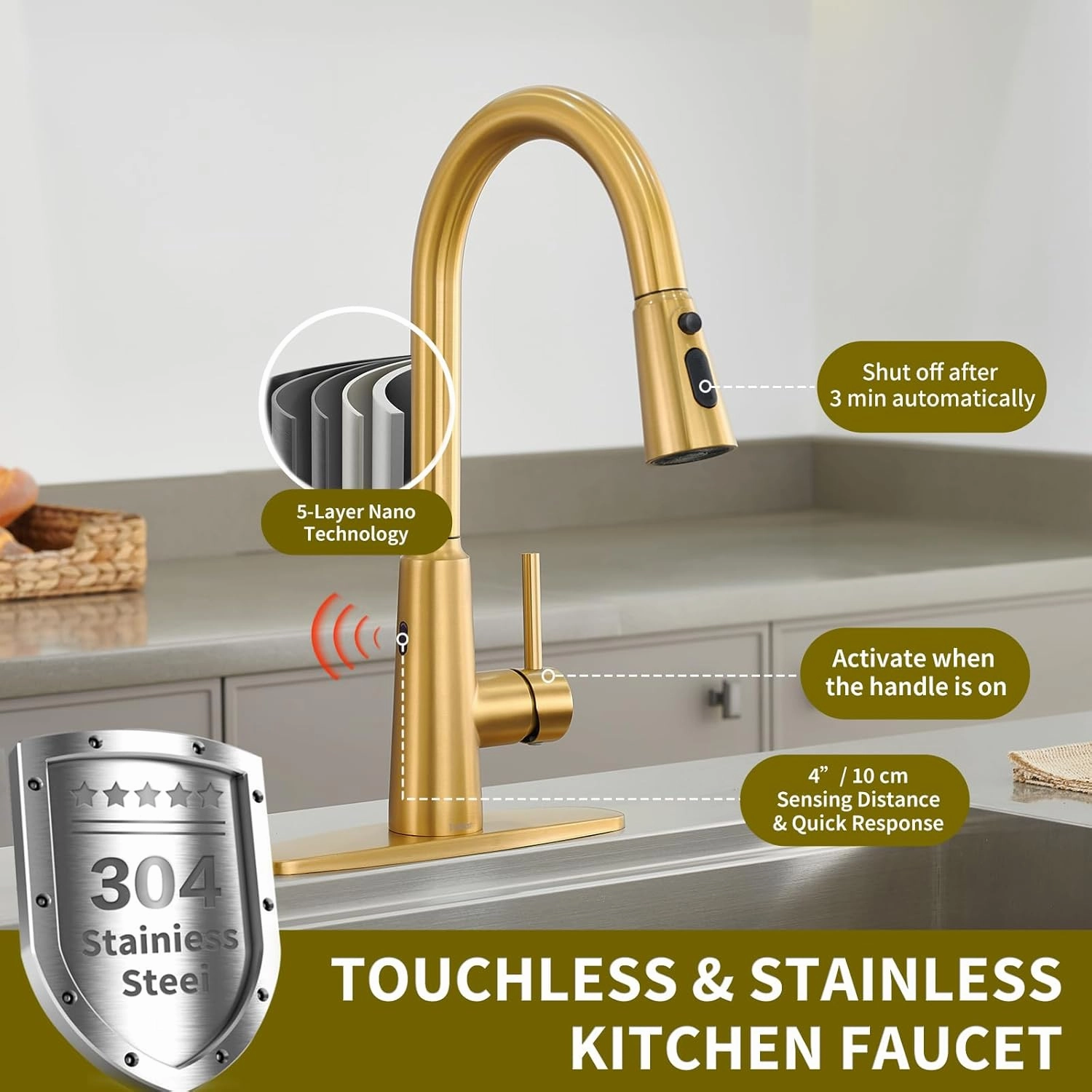 Tohlar Gold Touchless Kitchen Sink Faucet, Smart Bar Faucets with Pull Down Sprayer, 1 or 3 Hole Design Single Handle 304 Stainless Steel Motion Sensor Faucets for Kitchen Bar Sink RV