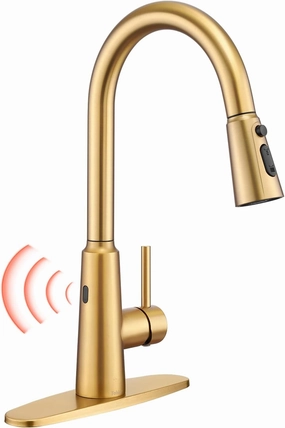 Tohlar Gold Touchless Kitchen Sink Faucet, Smart Bar Faucets with Pull Down Sprayer, 1 or 3 Hole Design Single Handle 304 Stainless Steel Motion Sensor Faucets for Kitchen Bar Sink RV