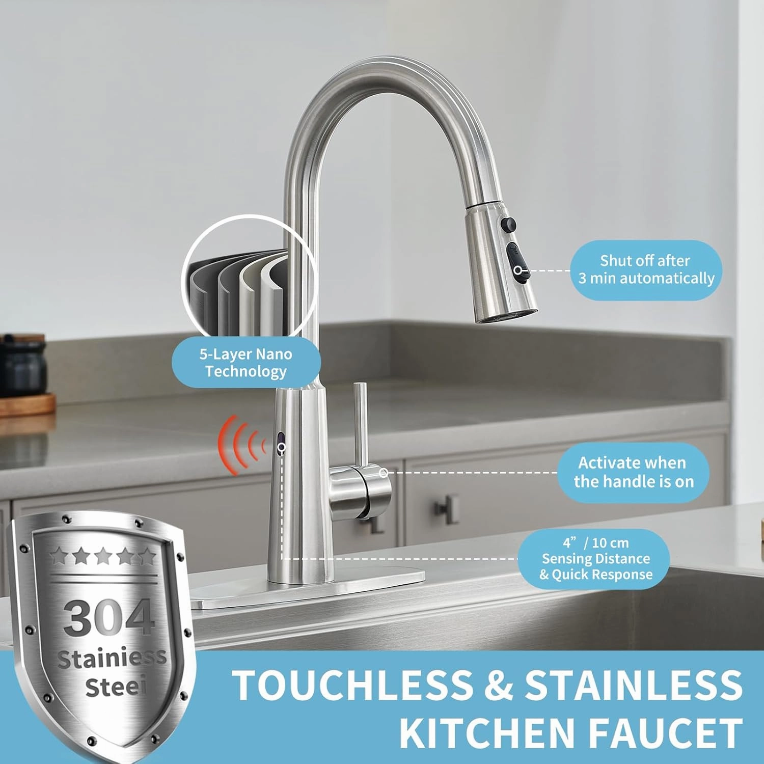 Tohlar Touchless Motion Sensor Kitchen Sink Faucet with Pull Down Sprayer, 1 or 3 Hole Single Handle 304 Stainless Steel Smart Bar Faucets for Modern Farmhouse Rv, Brush Nickel