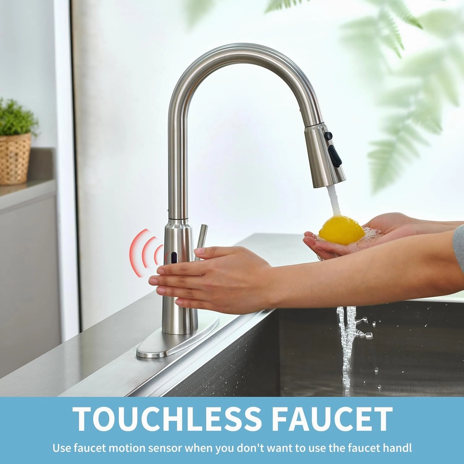 Tohlar Touchless Motion Sensor Kitchen Sink Faucet with Pull Down Sprayer, 1 or 3 Hole Single Handle 304 Stainless Steel Smart Bar Faucets for Modern Farmhouse Rv, Brush Nickel