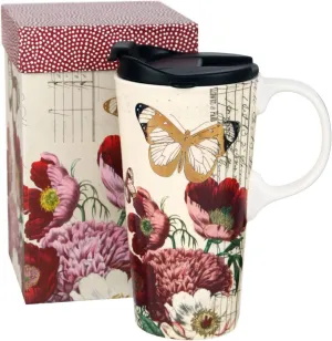 Topadorn 17 OZ Ceramic Mug Travel Cup with Handle and Gift Box Red Flower and Butterfly.