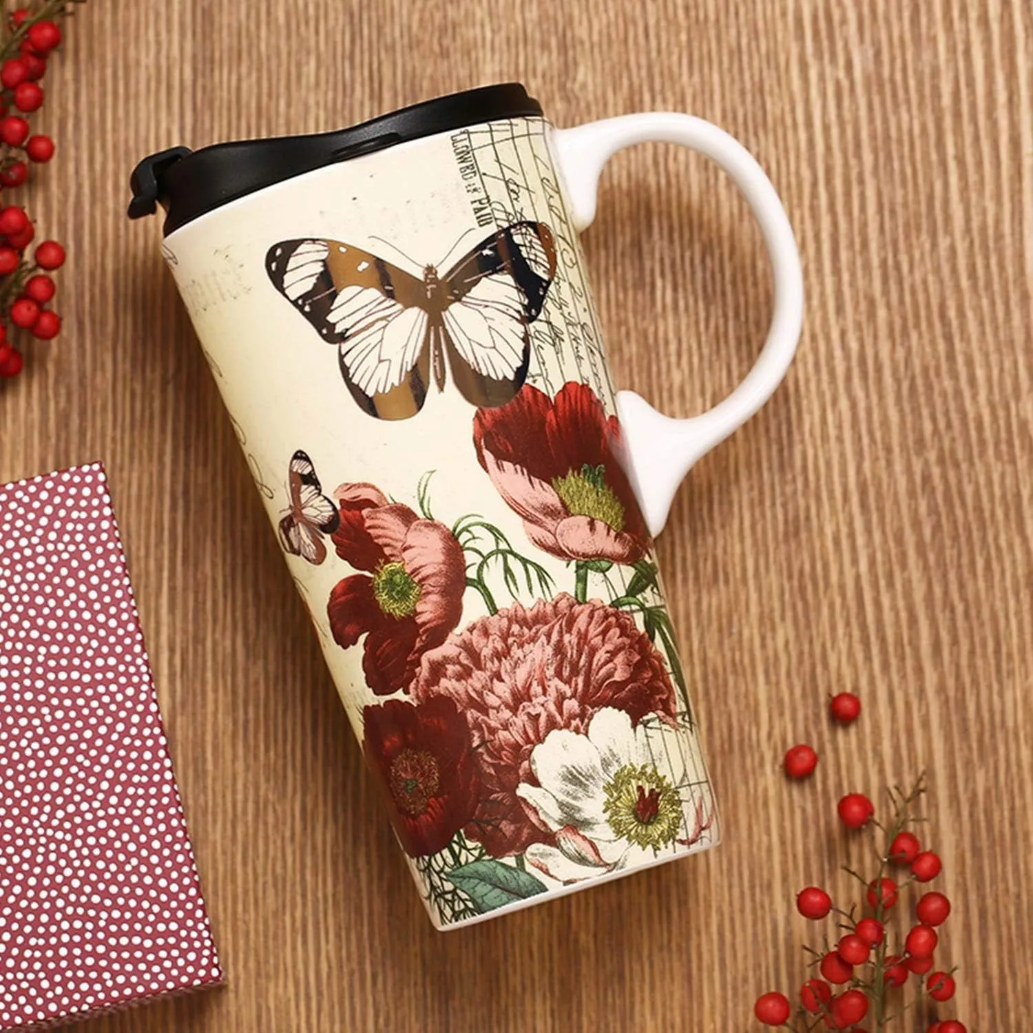 Topadorn 17 OZ Ceramic Mug Travel Cup with Handle and Gift Box Red Flower and Butterfly.