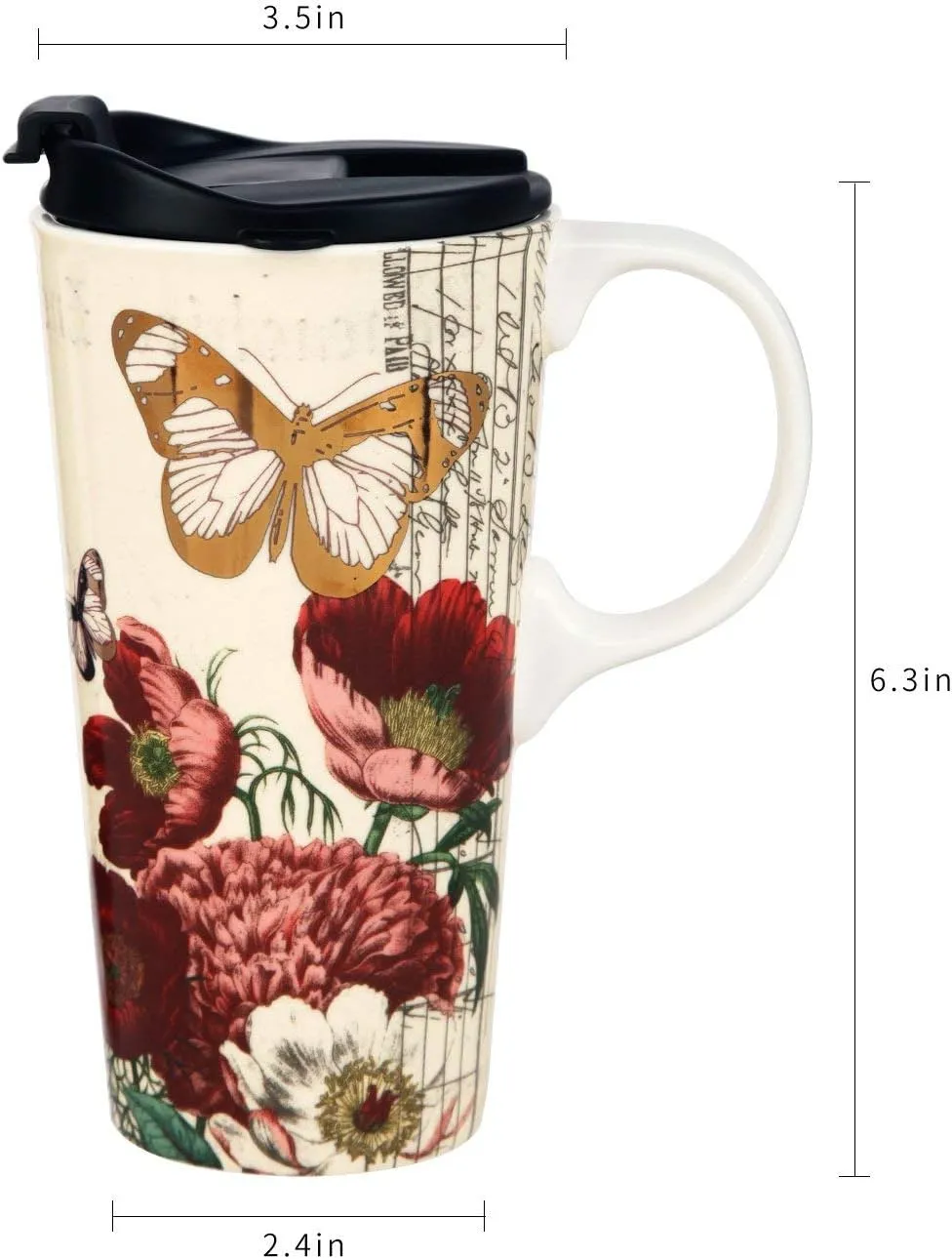 Topadorn 17 OZ Ceramic Mug Travel Cup with Handle and Gift Box Red Flower and Butterfly.