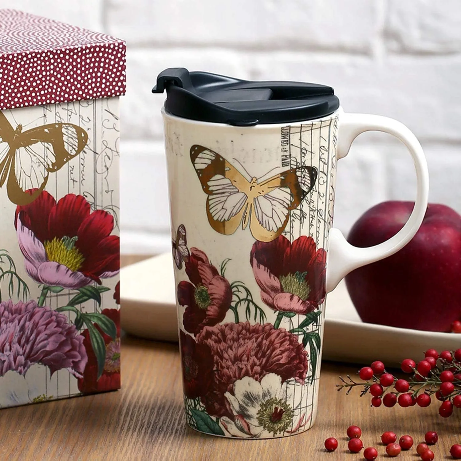 Topadorn 17 OZ Ceramic Mug Travel Cup with Handle and Gift Box Red Flower and Butterfly.