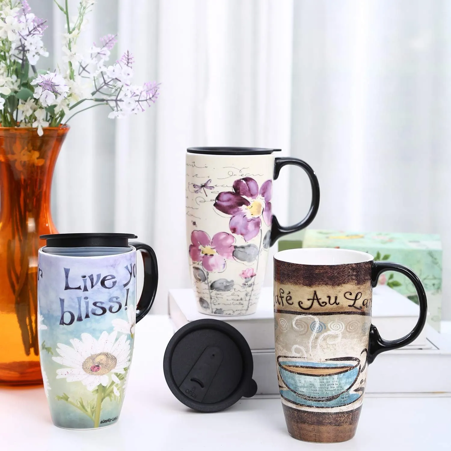 Topadorn Tall Ceramic Travel Mugs 17 oz. Sealed Lid With Color Box and Handle Coffee Cup, Cafe
