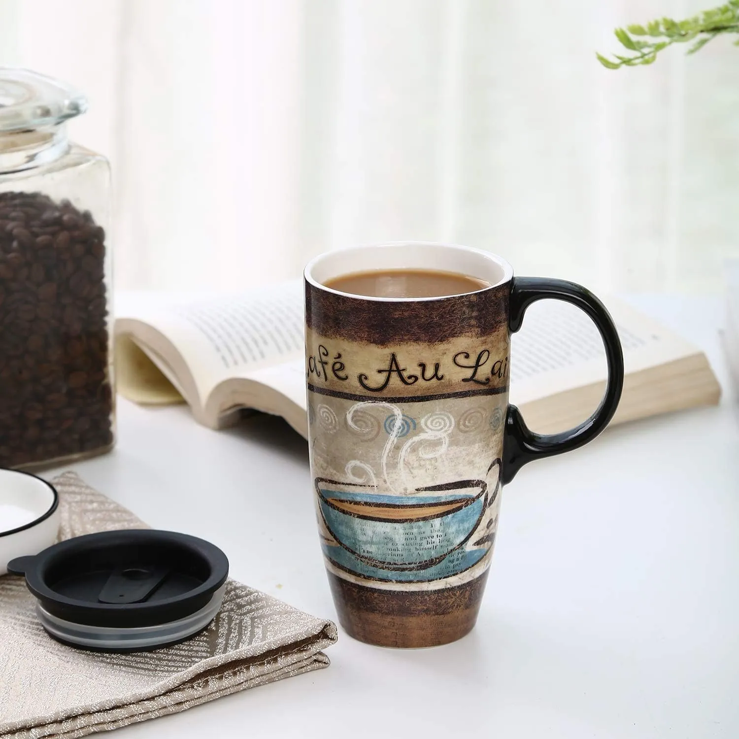 Topadorn Tall Ceramic Travel Mugs 17 oz. Sealed Lid With Color Box and Handle Coffee Cup, Cafe