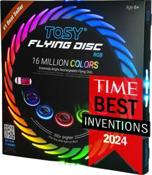 TOSY Flying Disc - 16 Million Colors RGB LEDs, Extremely Bright, Smart Modes, Camping Essentials for Teens/Kids/Adult/Men/Boys/Girls, Auto Light Up, Patented Technology, Rechargeable, Waterproof, 175g