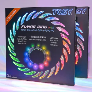 TOSY Flying Ring - 16 Million Color RGB LEDs, Super Bright, Lost Mode, Auto Light Up, 4th of July Camping Essentials for Kid/Teen/Boy/Girl, Safe, Waterproof, Pool/Beach Games, Lightweight Toy, 2-Pack
