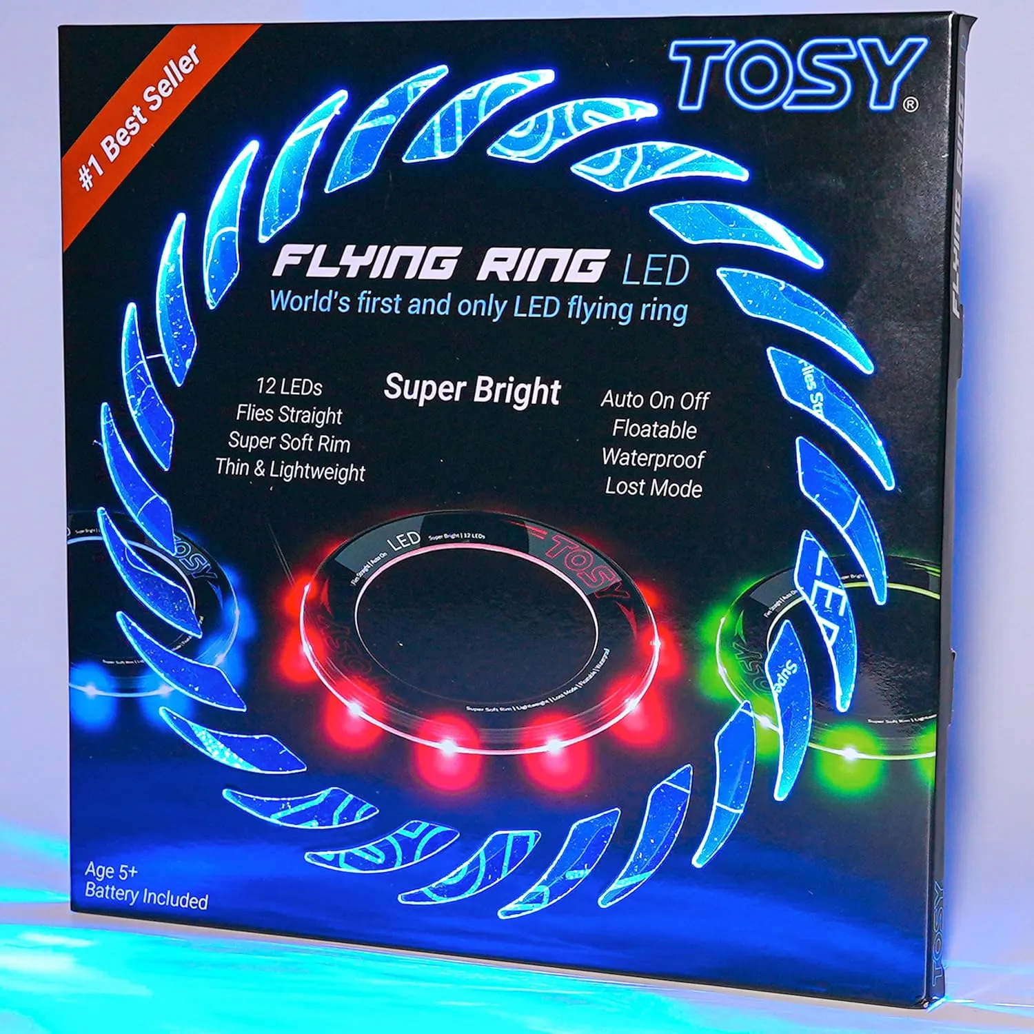 TOSY Flying Ring - 16 Million Color RGB or 12 LEDs, Super Bright, Lost Mode, Auto Light Up, 4th of July Camping Essentials for Kids/Teens/Boy/Girl, Safe, Waterproof, Pool/Beach Games, Lightweight Toy