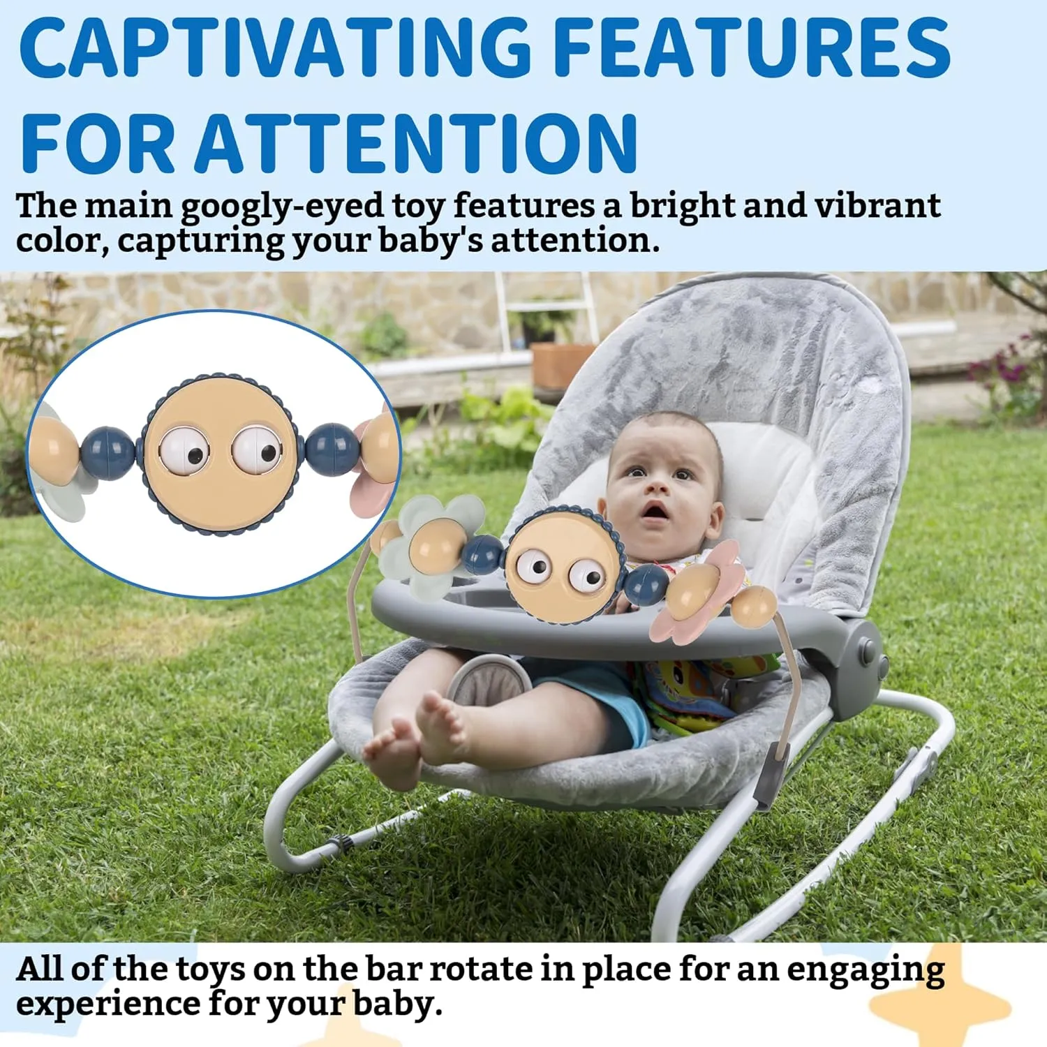 Toy Bar for Baby Bouncer Stroller Arch Googly Eyes Toy for Babies Car Seat, Babies Bouncer Accessory, Easy to Install & Baby-Safe Plastic - No Music