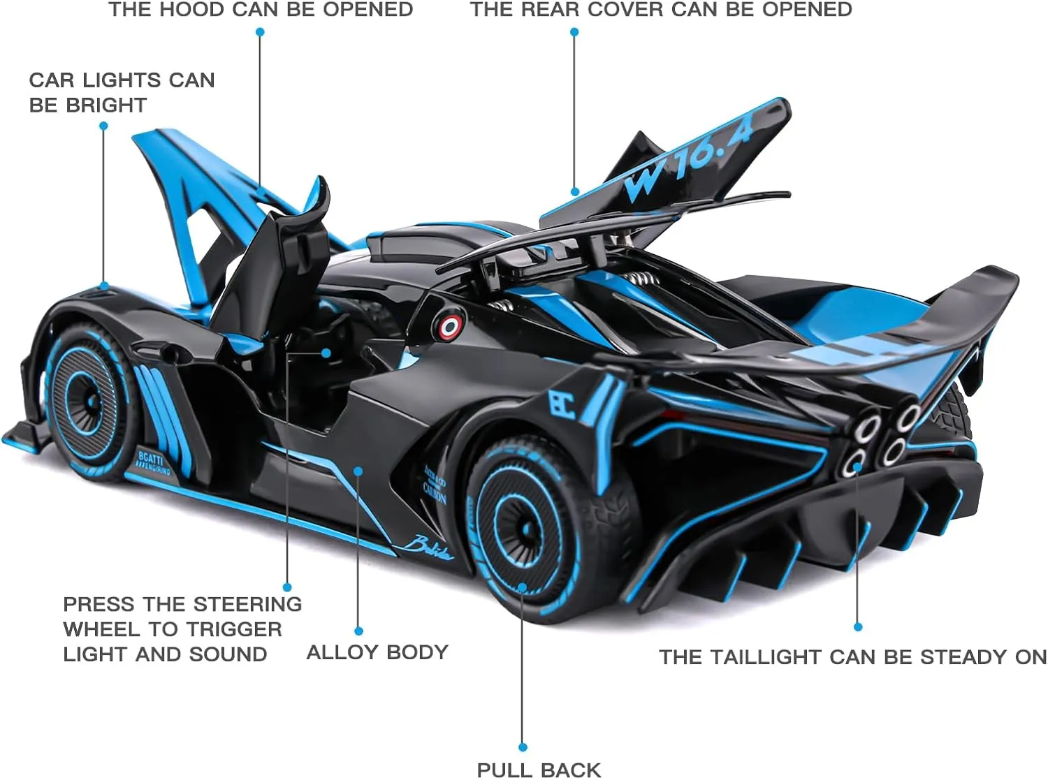 Toy Car Model for Compatible with 1:24 Bolide Alloy Diecast Collect Car Toy with Lights and Music, Pull Back Car Toys for Kids Boys Girls Gift (Blue)
